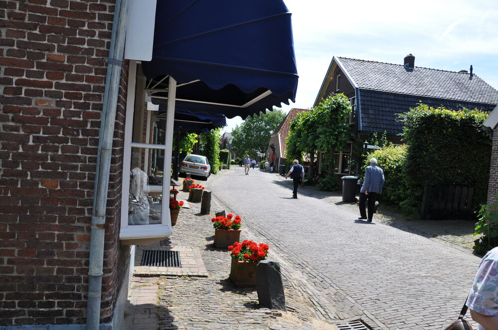 Een geplaveid straatje met geraniums in Bronkhorst